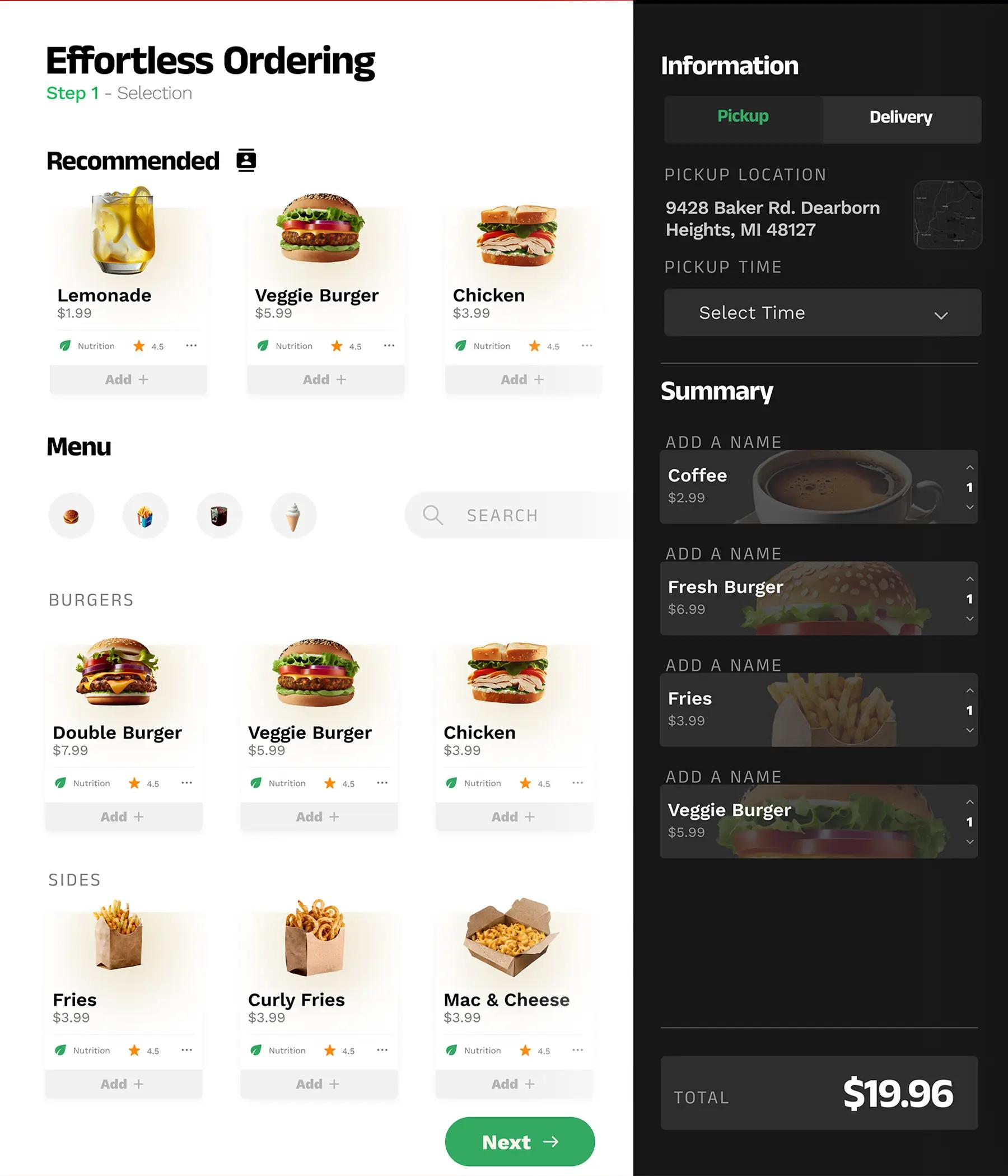 Effortless Eats ordering interface. Left side shows recommended items and menu categories with food images. Right side displays pickup information and order summary with items like Coffee and Fresh Burger. Total cost is $19.96.