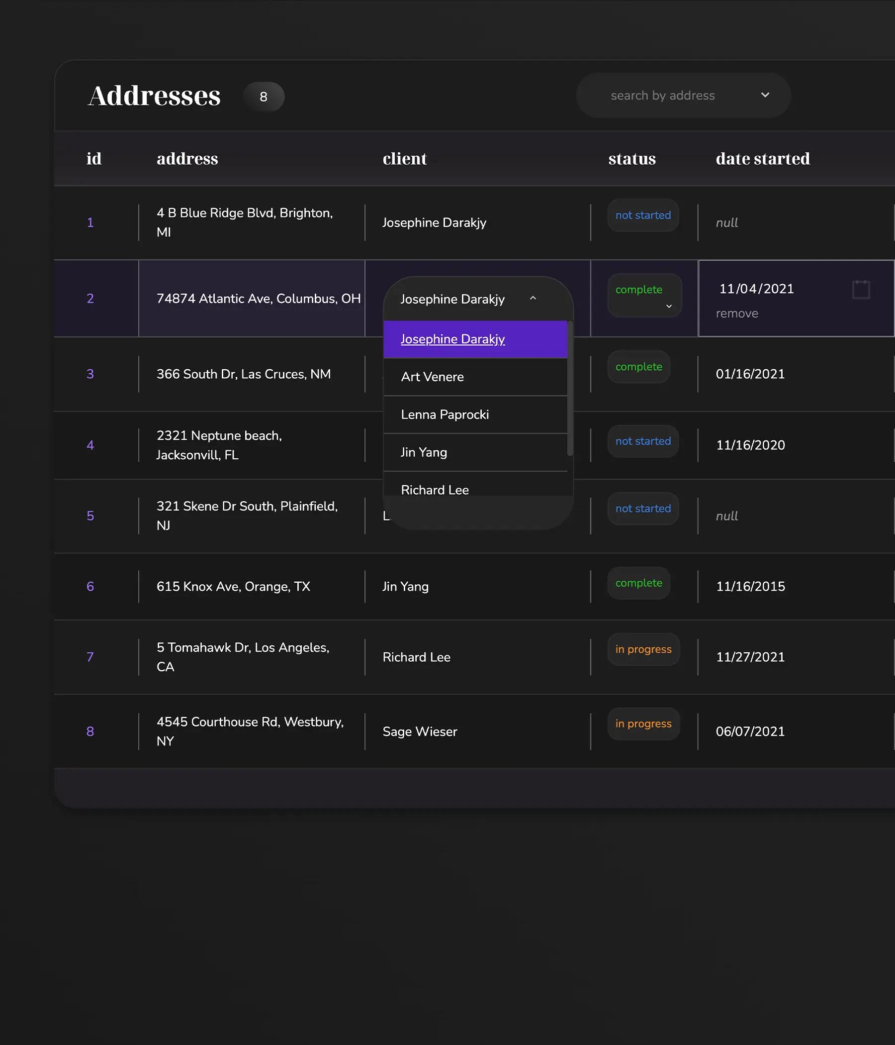 Home Designer 'Addresses' table view with 8 entries. Columns include id, address, client, status, and date started. A dropdown menu for client selection is open, demonstrating relational database functionality