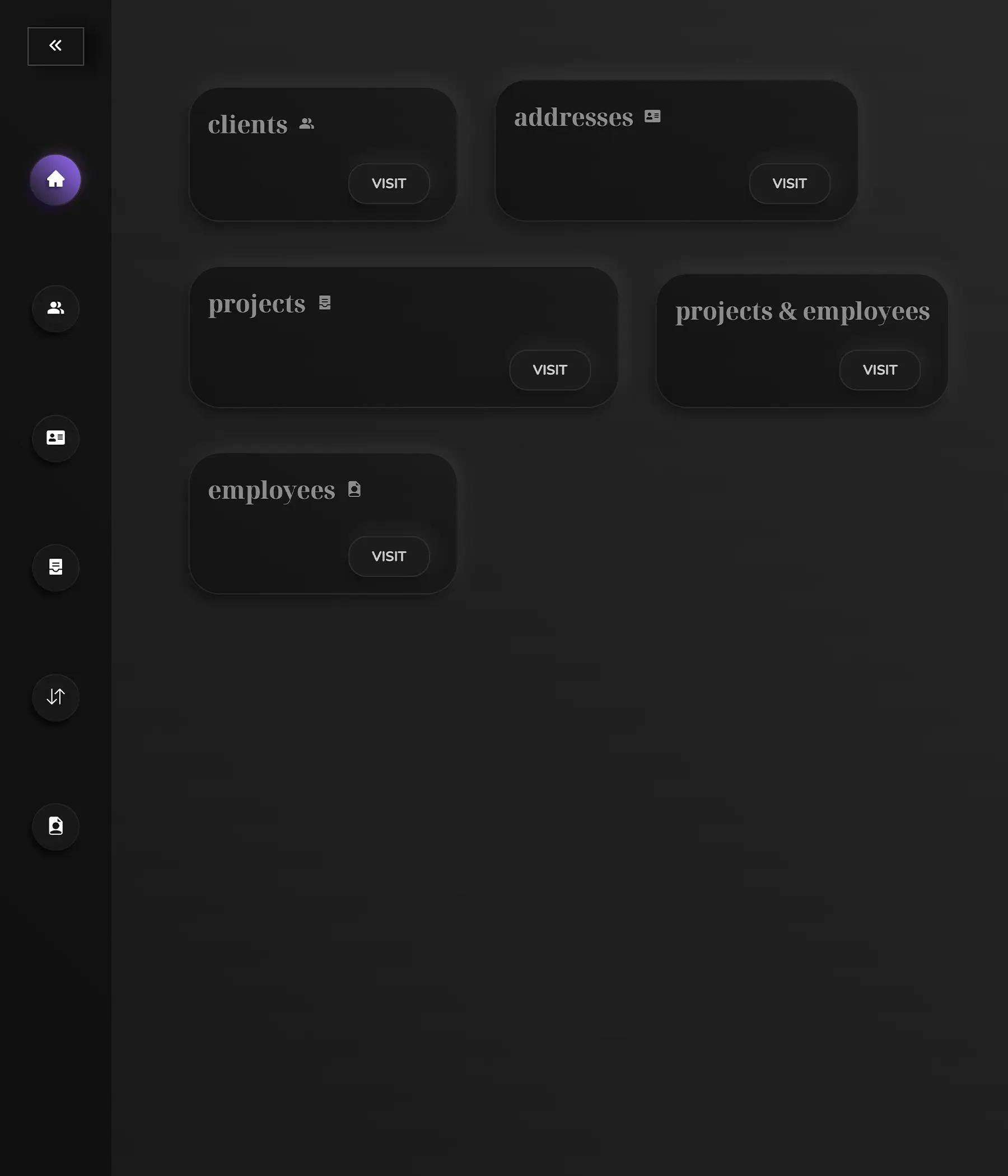 Dark-themed Home Designer dashboard with navigation sidebar. Main area displays clickable cards for 'clients', 'addresses', 'projects', 'projects & employees', and 'employees'. Each card has a 'VISIT' button.