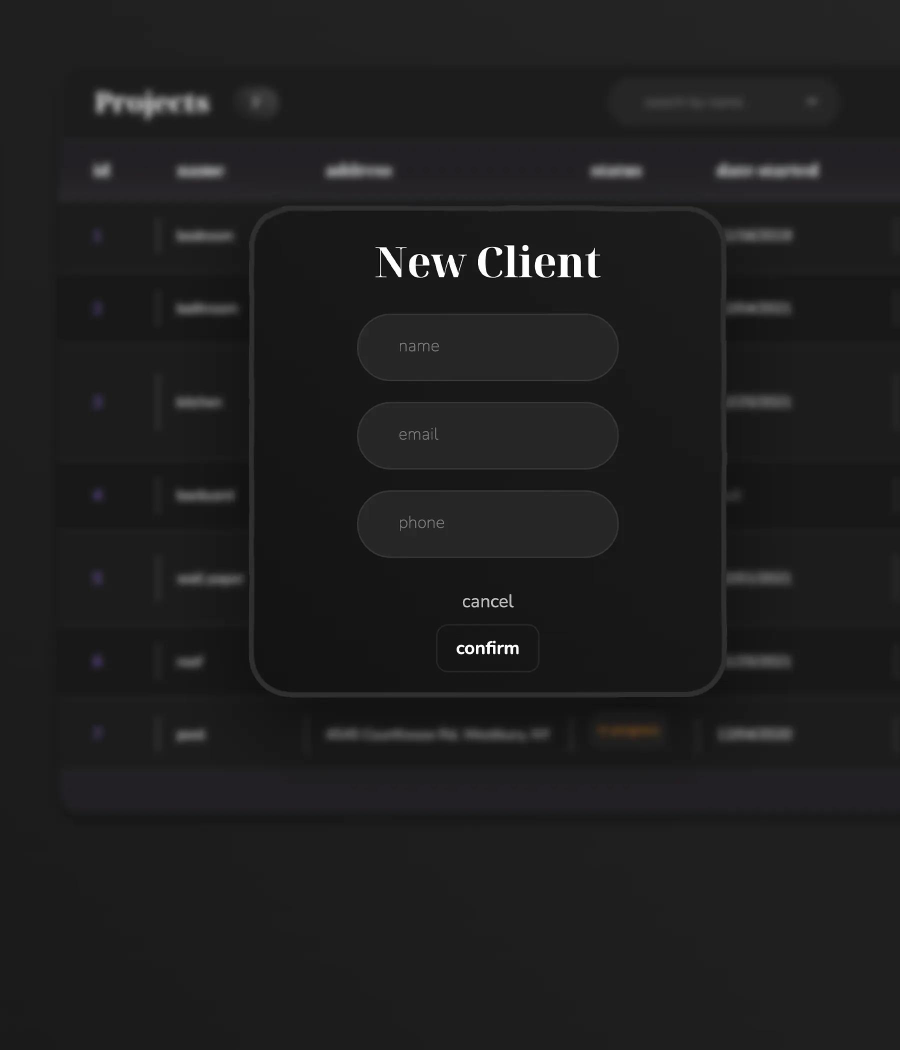 Home Designer interface showing a 'New Client' modal form overlaying a blurred project list. The form includes input fields for name, email, and phone, with 'cancel' and 'confirm' buttons at the bottom.