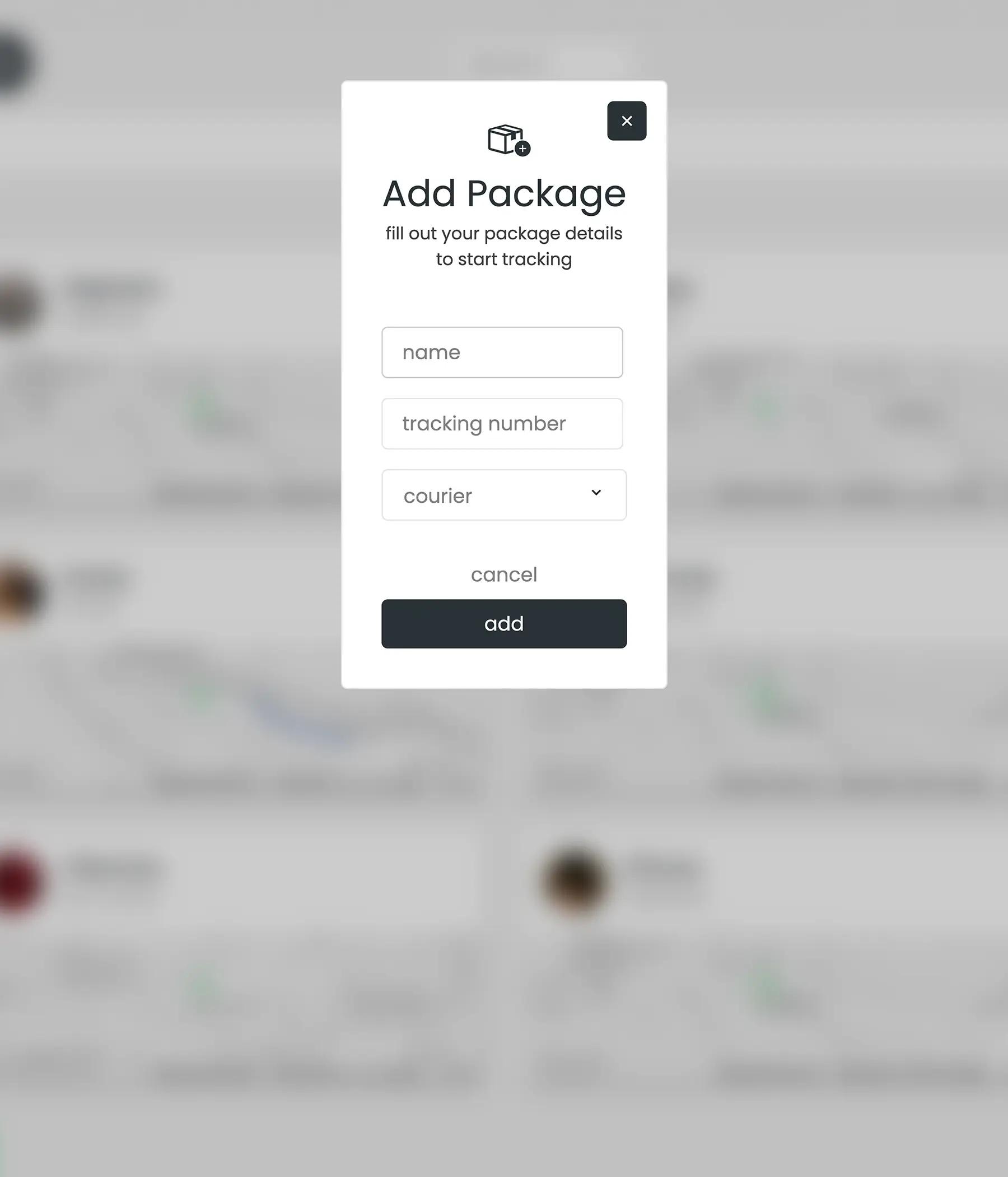 Shipment Tracker 'Add Package' modal. Form includes fields for package name, tracking number, and courier selection. 'Add' and 'Cancel' buttons at the bottom.