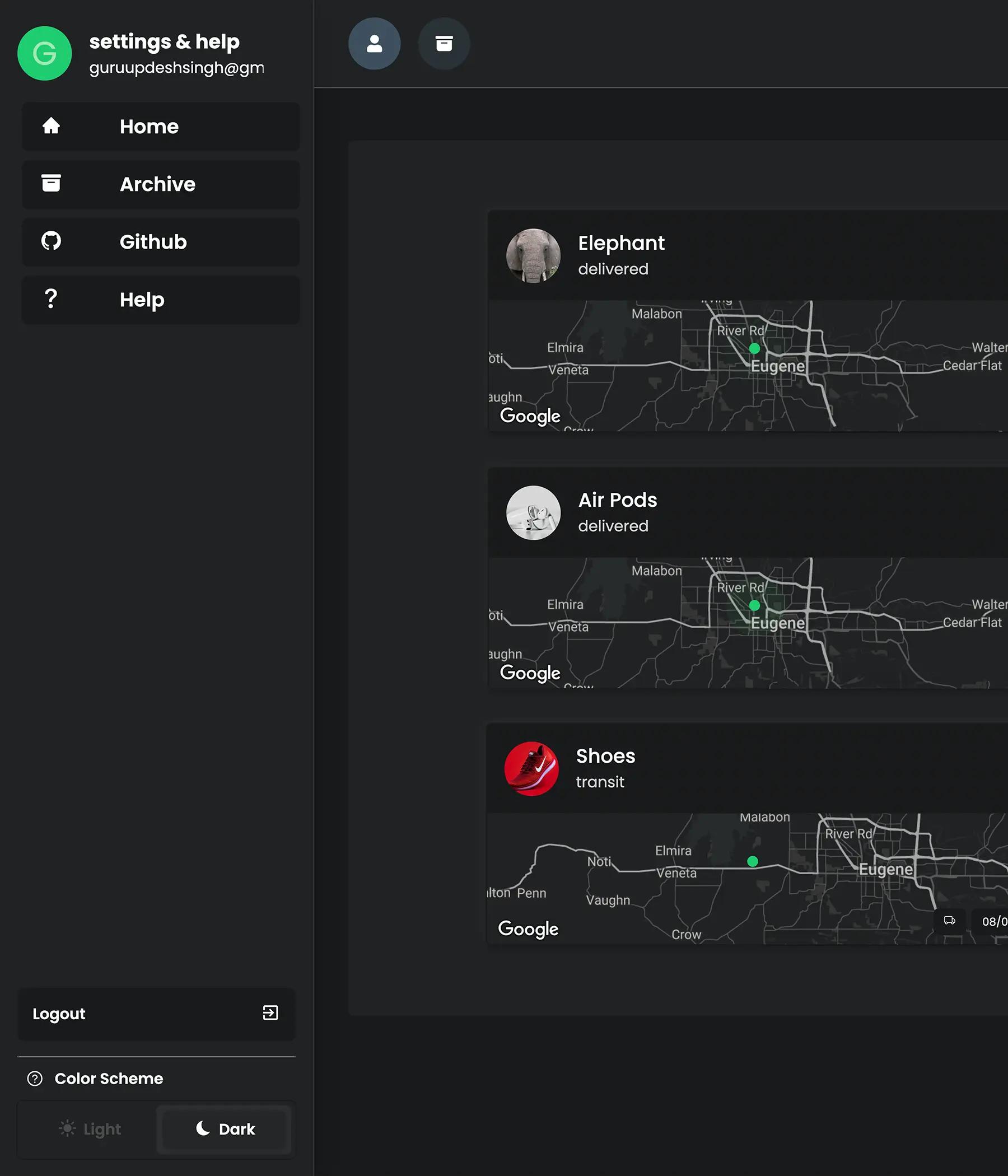 Shipment Tracker dashboard in dark mode. Left sidebar shows user email and navigation options. Main area displays tracked packages (Elephant, Air Pods, Shoes) with delivery status and location maps centered on Eugene, Oregon.