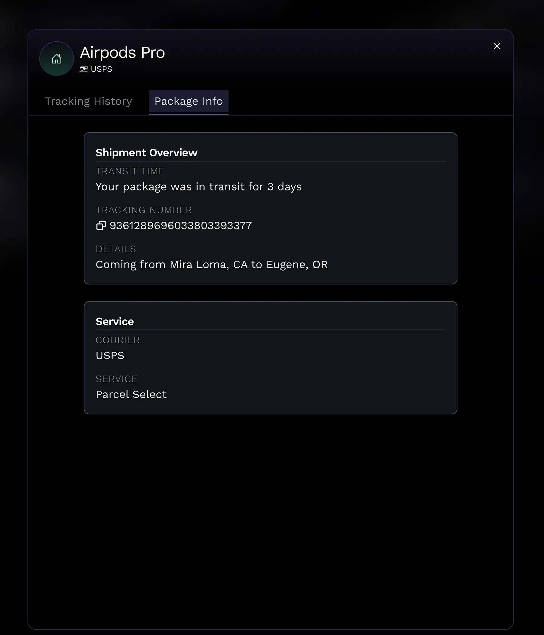 Detailed view of Airpods Pro shipment in TrackIt. Shows package info including 3-day transit time, tracking number, route from Mira Loma, CA to Eugene, OR, and USPS Parcel Select service.