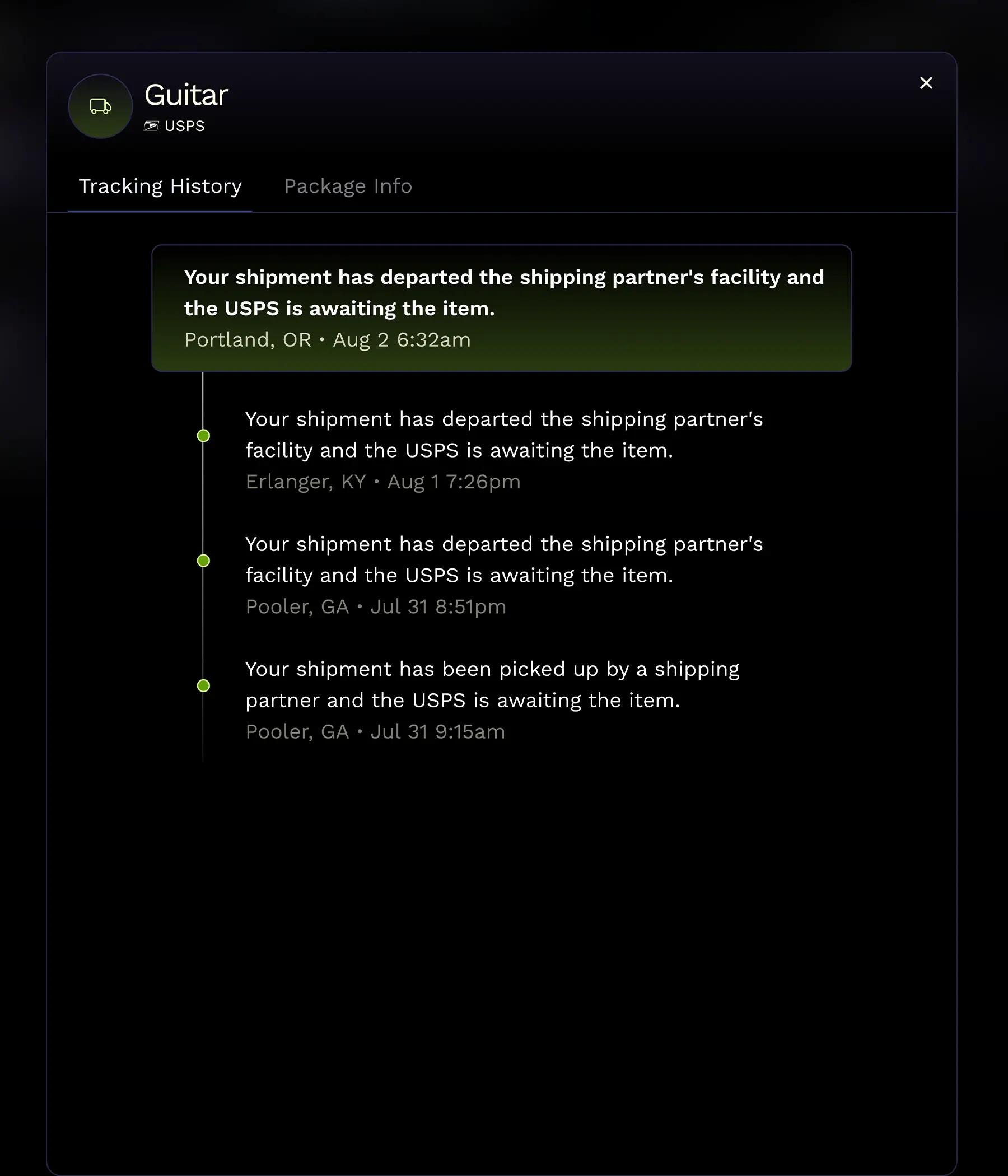 Tracking history for Guitar shipment in TrackIt. Timeline shows multiple status updates from Pooler, GA to Portland, OR, with the latest update indicating departure from a shipping partner's facility in Portland.